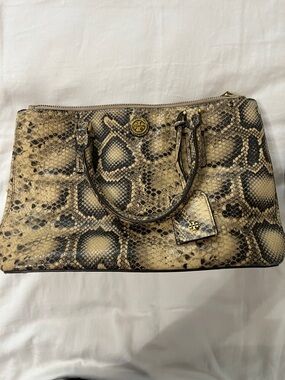 Authentic Tory Burch Beige and Black Snake-Print Satchel/Crossbody